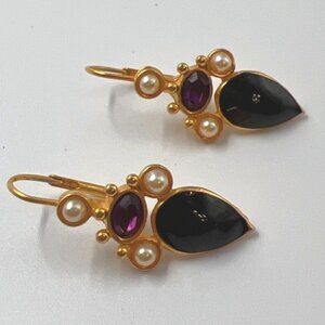 Pearl Clip On Earrings Black Gold White Rhinestone